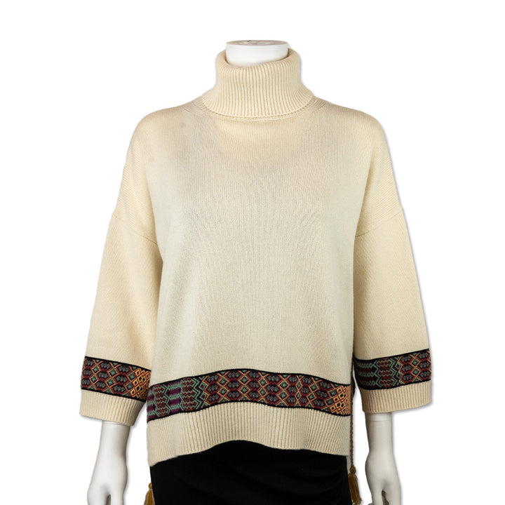 Etro Oversized Cream Knit Turtleneck with Tassels