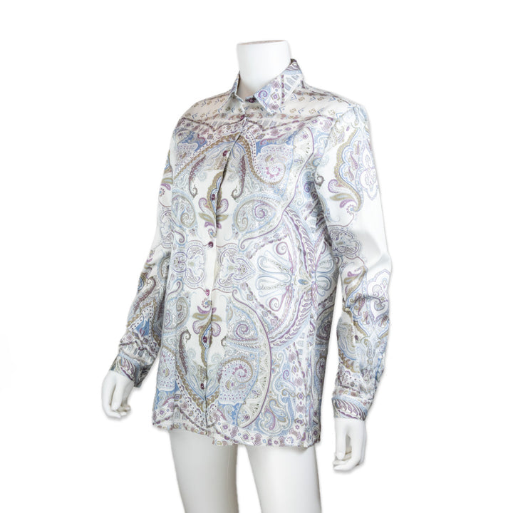 Etro White and Blue Paisley Printed Button Down