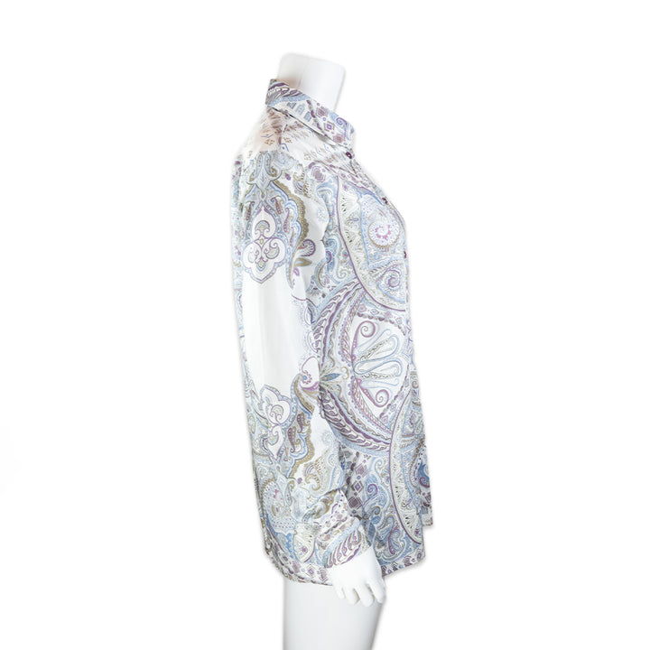 Etro White and Blue Paisley Printed Button Down