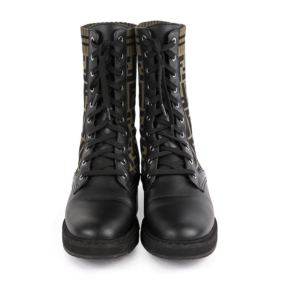 Fendi FF Logo Black Leather Combat Boots