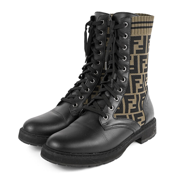 Fendi FF Logo Black Leather Combat Boots