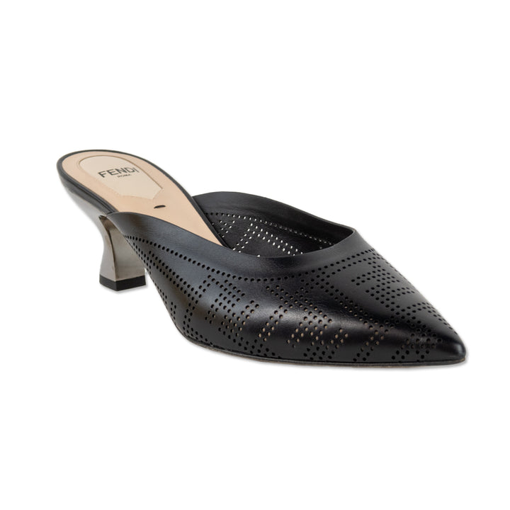 Fendi Black Perforated Logo Leather Mules