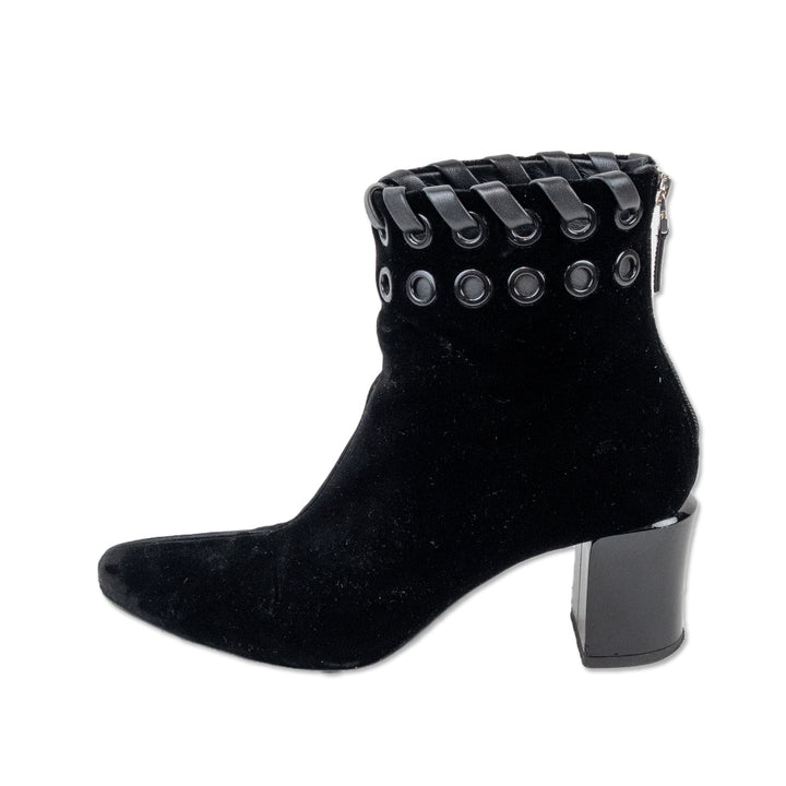 Fendi Black Velvet Ankle Boots with Leather Woven Accent