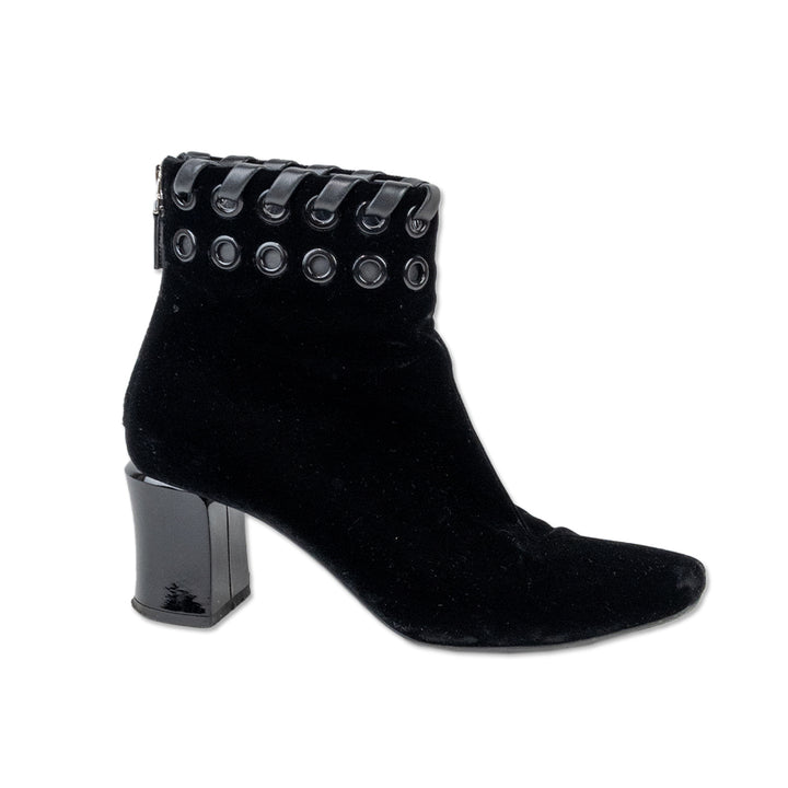 Fendi Black Velvet Ankle Boots with Leather Woven Accent