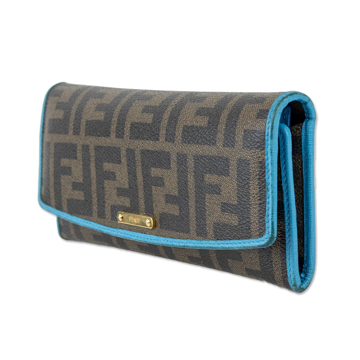 Fendi Brown Zucca Monogram Blue Trim Canvas Envelope Wallet