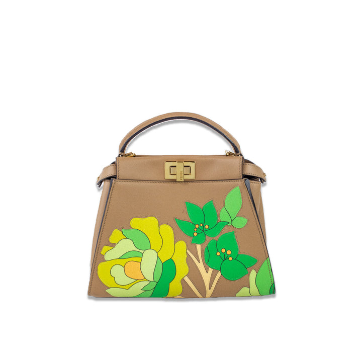 Fendi Brown Leather Floral Print Mini Peekaboo ISeeU Bag