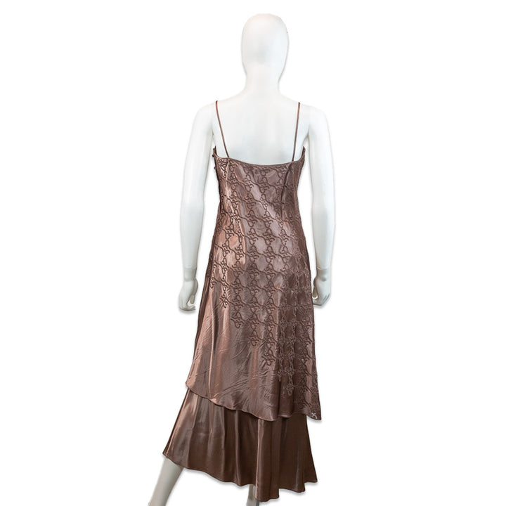 Fendi Brown Monogram Eyelet Silk Strappy Asymmetrical Layered Maxi Dress