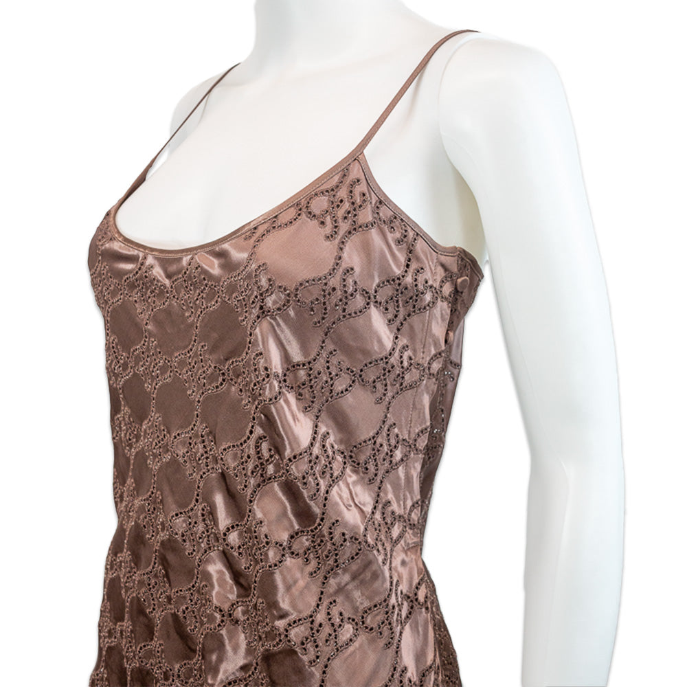 Fendi Brown Monogram Eyelet Silk Strappy Asymmetrical Layered Maxi Dress