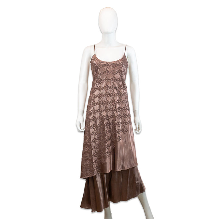 Fendi Brown Monogram Eyelet Silk Strappy Asymmetrical Layered Maxi Dress