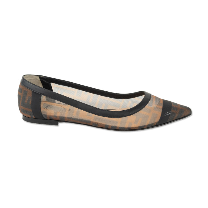 Fendi Colibrì Black Leather Brown FF Mesh Pointed Ballet Flats