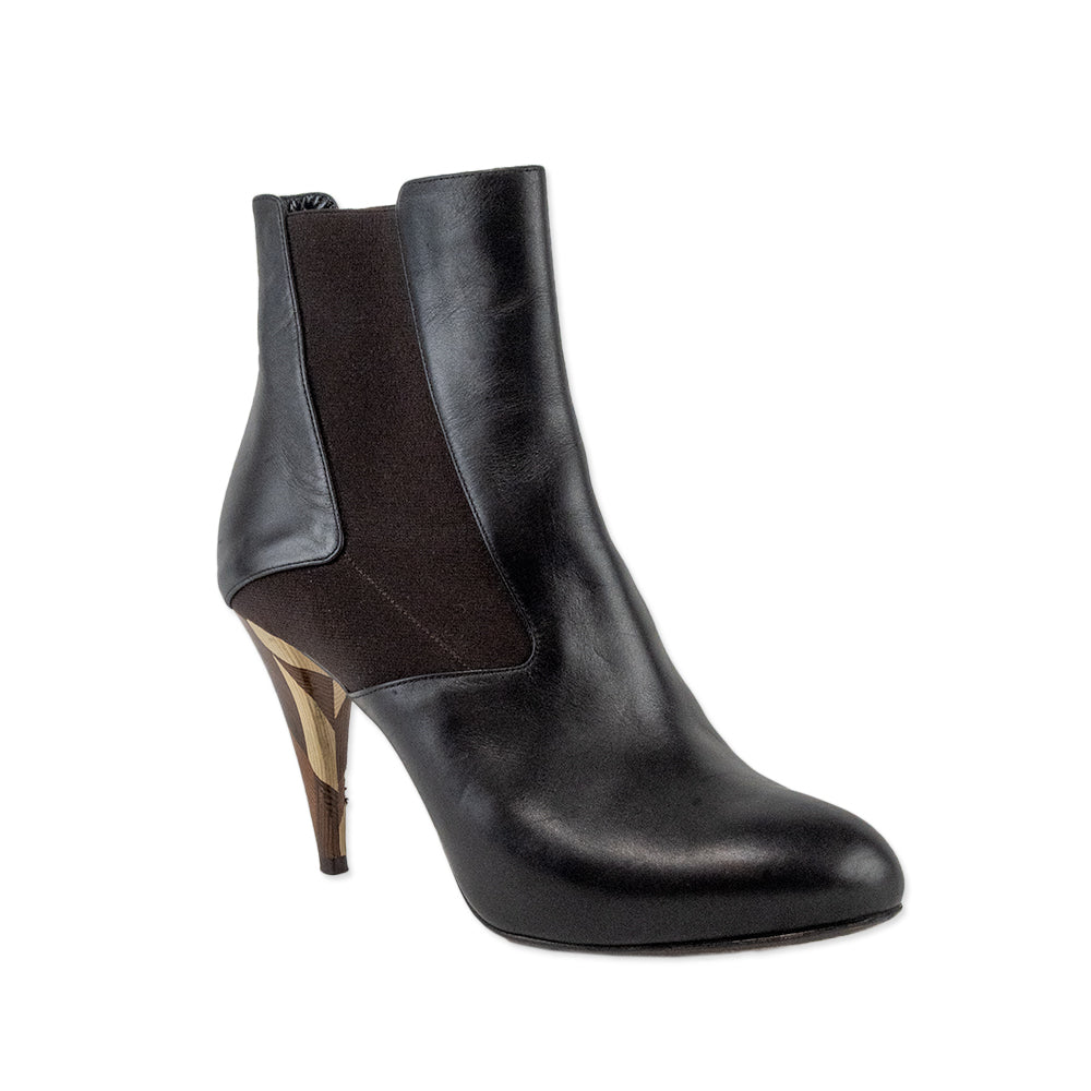 Fendi Round Toe Leather Chelsea Boots with Wooden Heels