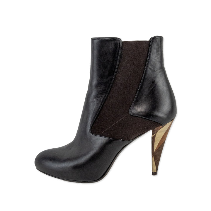 Fendi Round Toe Leather Chelsea Boots with Wooden Heels