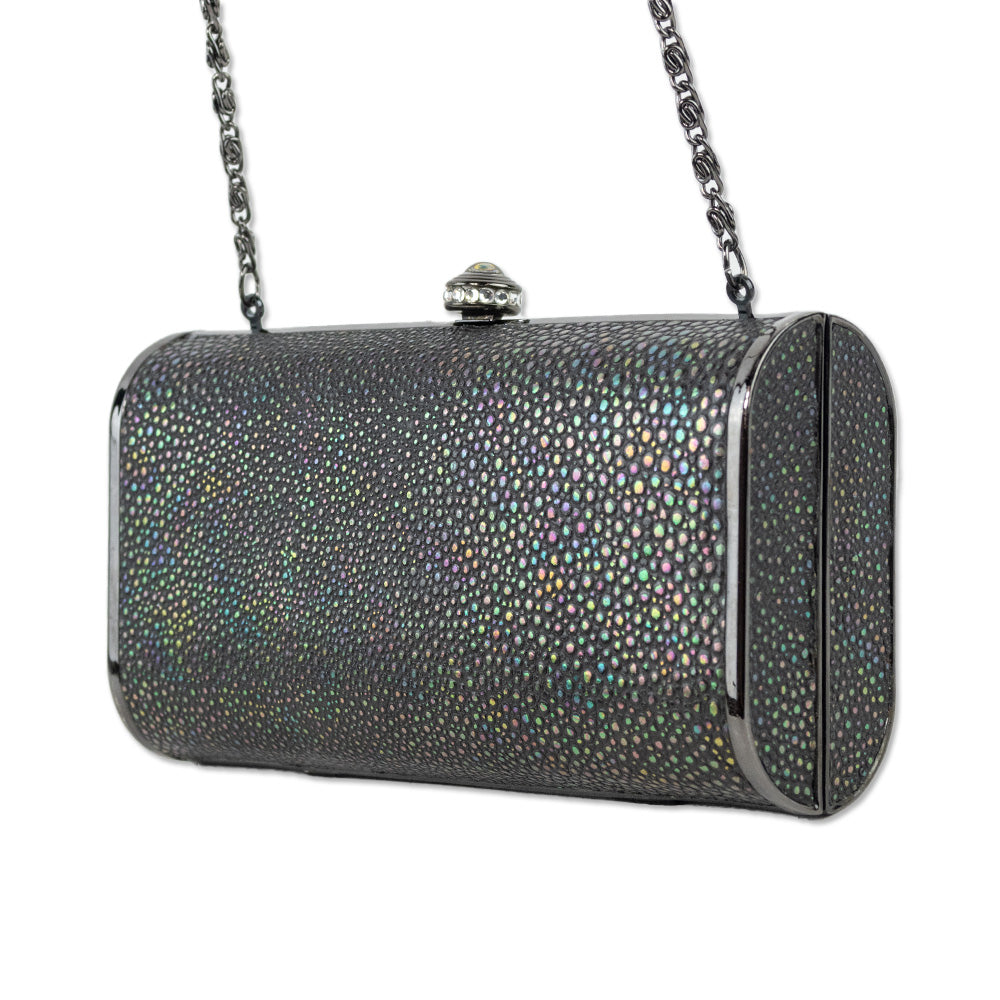 Franchi Holographic Grey Pebbled Leather Frame Clutch