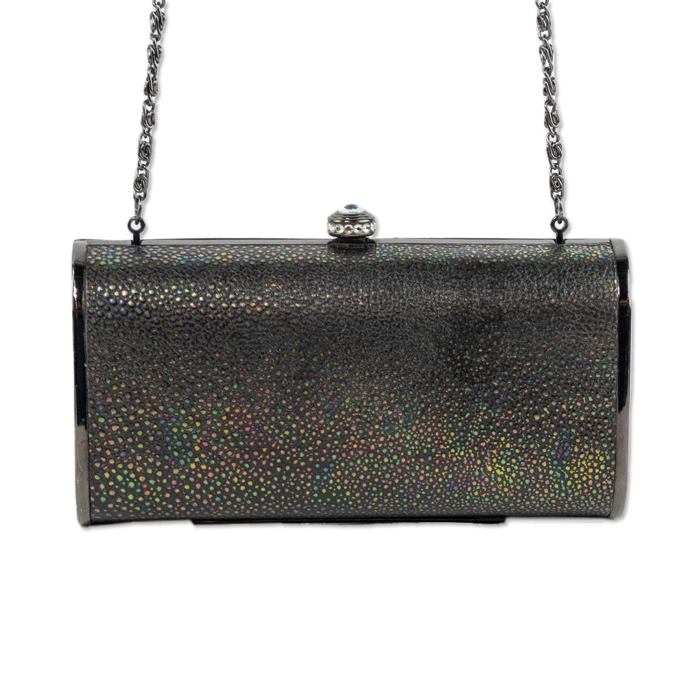 Franchi Holographic Grey Pebbled Leather Frame Clutch