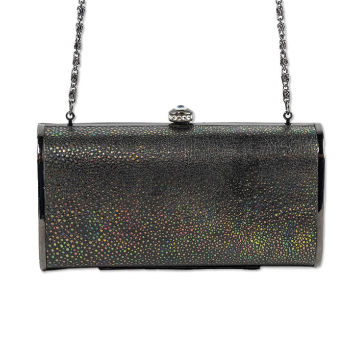 Franchi Holographic Grey Pebbled Leather Frame Clutch