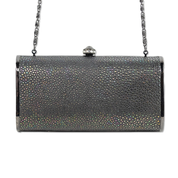 Franchi Holographic Grey Pebbled Leather Frame Clutch