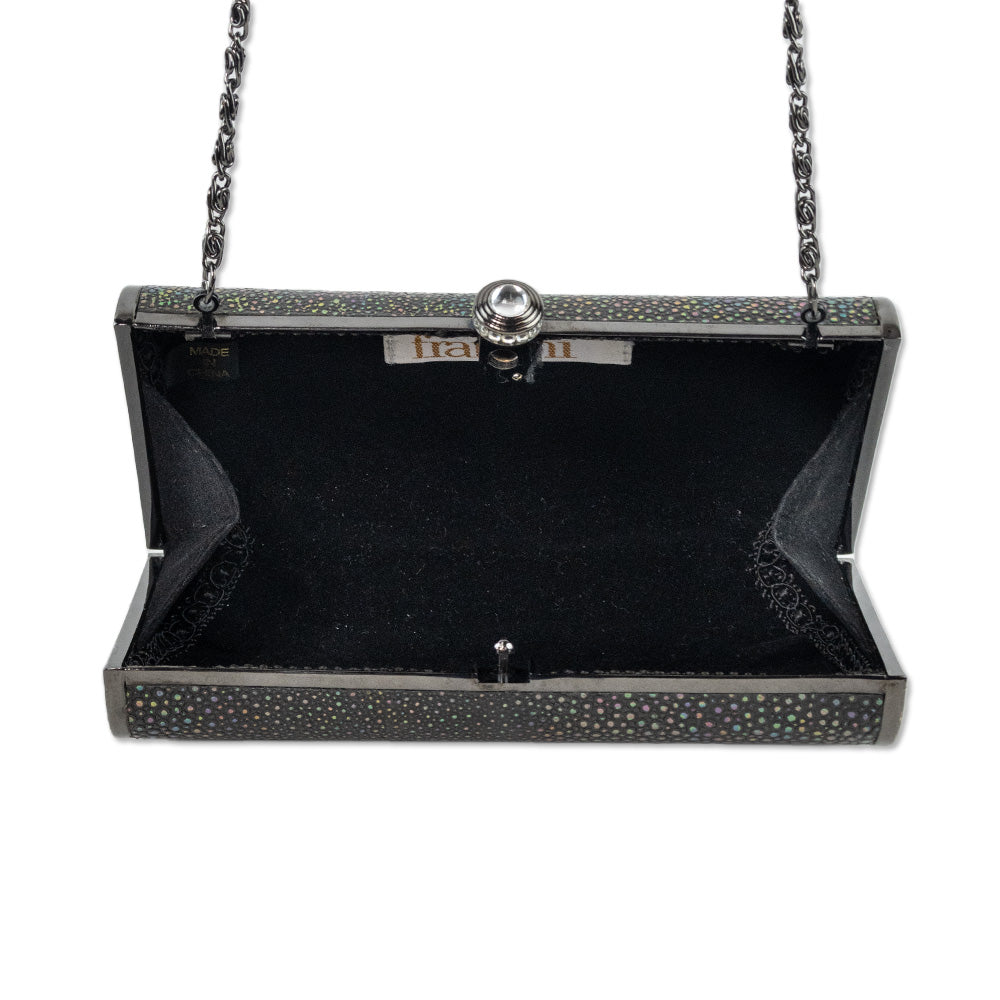 Franchi Holographic Grey Pebbled Leather Frame Clutch