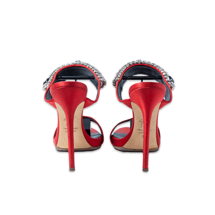 GIUSEPPE ZANOTTI MULTI CRYSTAL TRIM RED SATIN PUMP