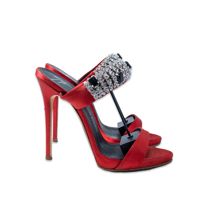 GIUSEPPE ZANOTTI MULTI CRYSTAL TRIM RED SATIN PUMP