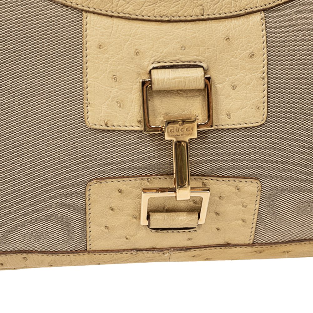 GUCCI BEIGE OSTRICH AND CANVAS SHOULDER BAG