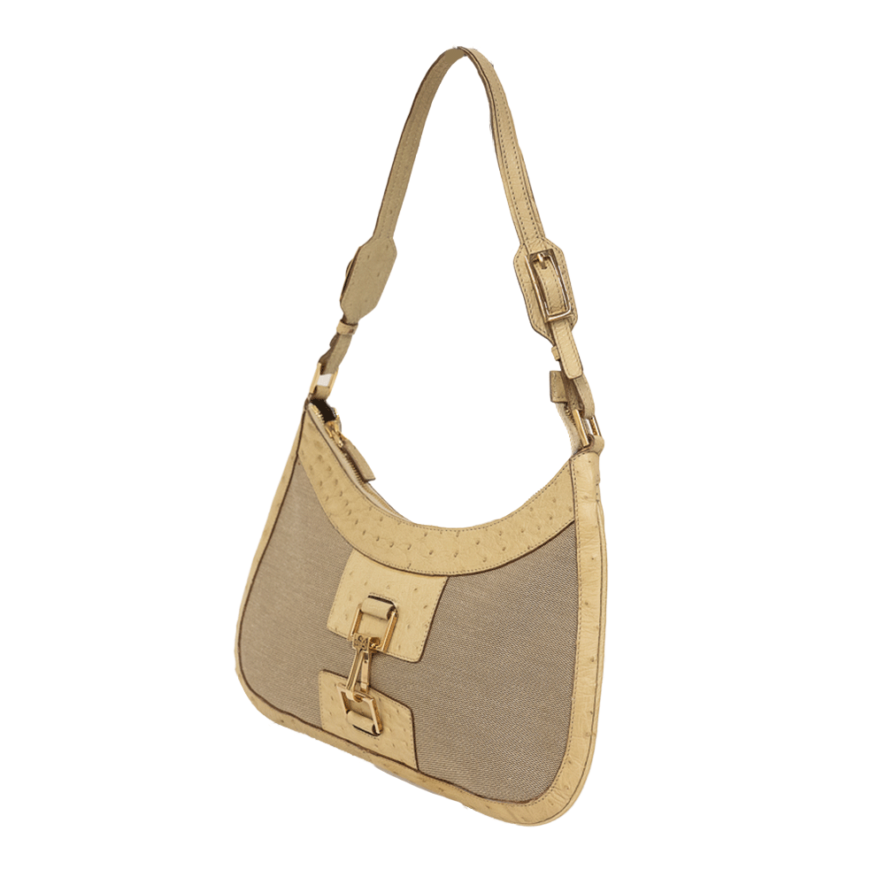 GUCCI BEIGE OSTRICH AND CANVAS SHOULDER BAG