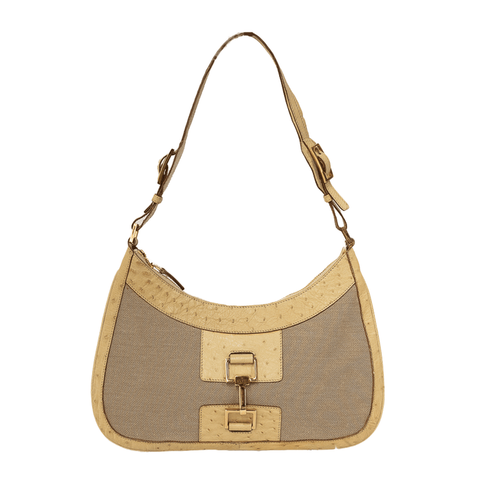 GUCCI BEIGE OSTRICH AND CANVAS SHOULDER BAG