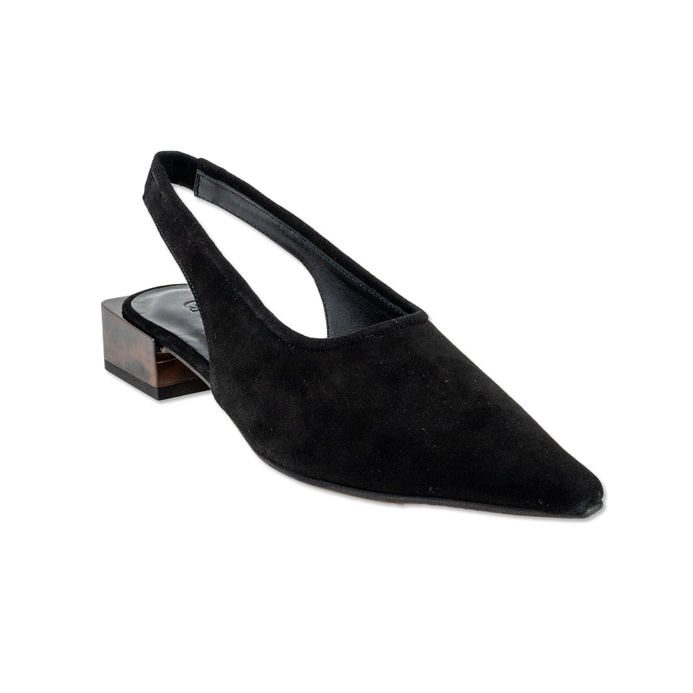 Ganni Black Suede Pointed Toe Flats with Tortoise Shell Block Heel