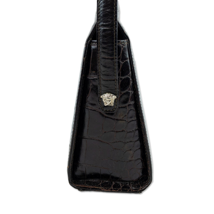 Gianni Versace Burgundy Crocodile Embossed Patent Leather Crossbody Bag