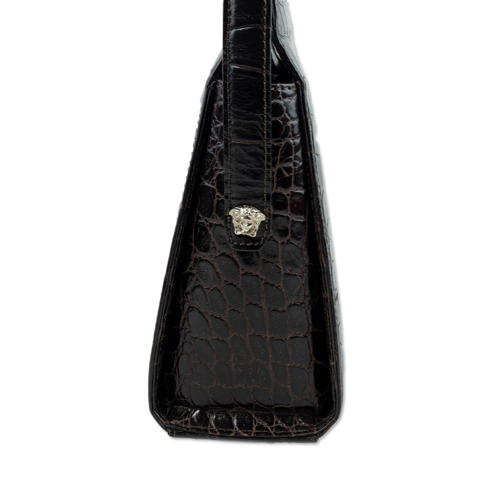 Gianni Versace Burgundy Crocodile Embossed Patent Leather Crossbody Bag