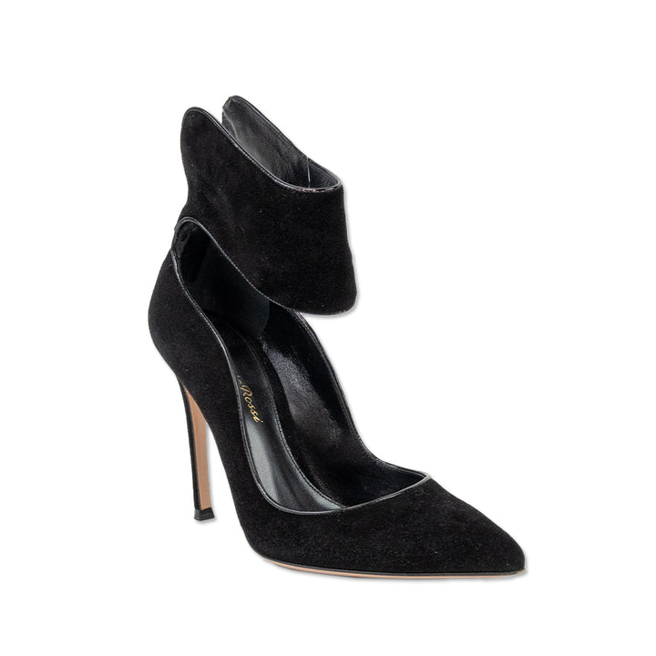 Gianvito Rossi Black Suede Pointed Toe Pumps with Ankle Strap