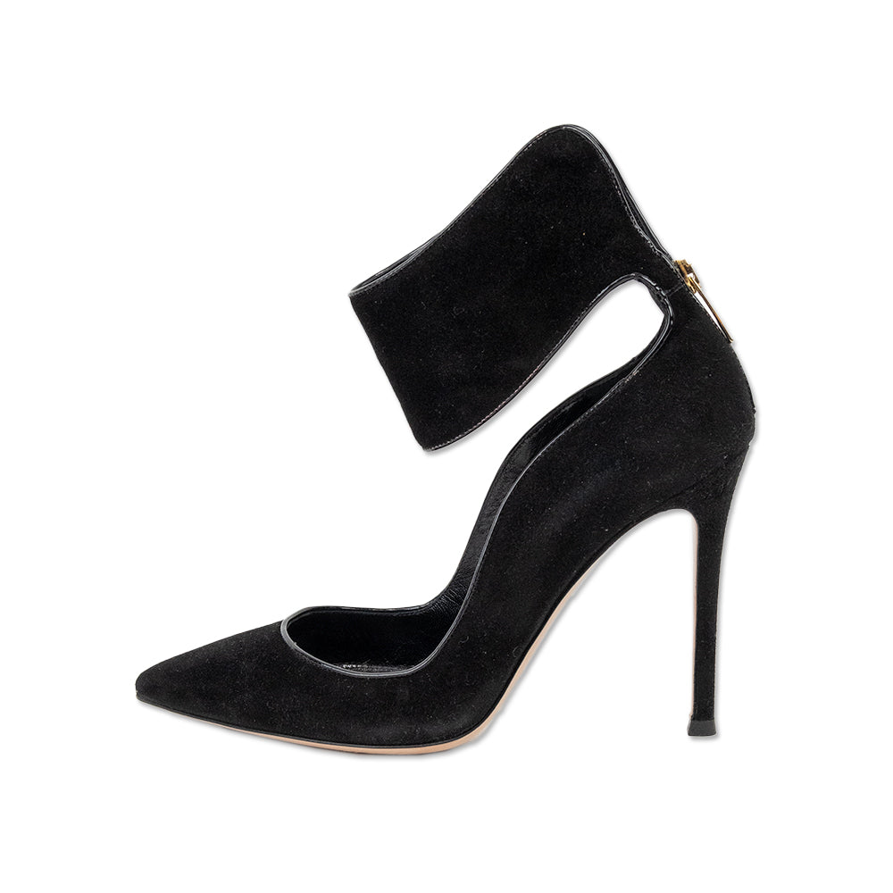 Gianvito Rossi Black Suede Pointed Toe Pumps with Ankle Strap