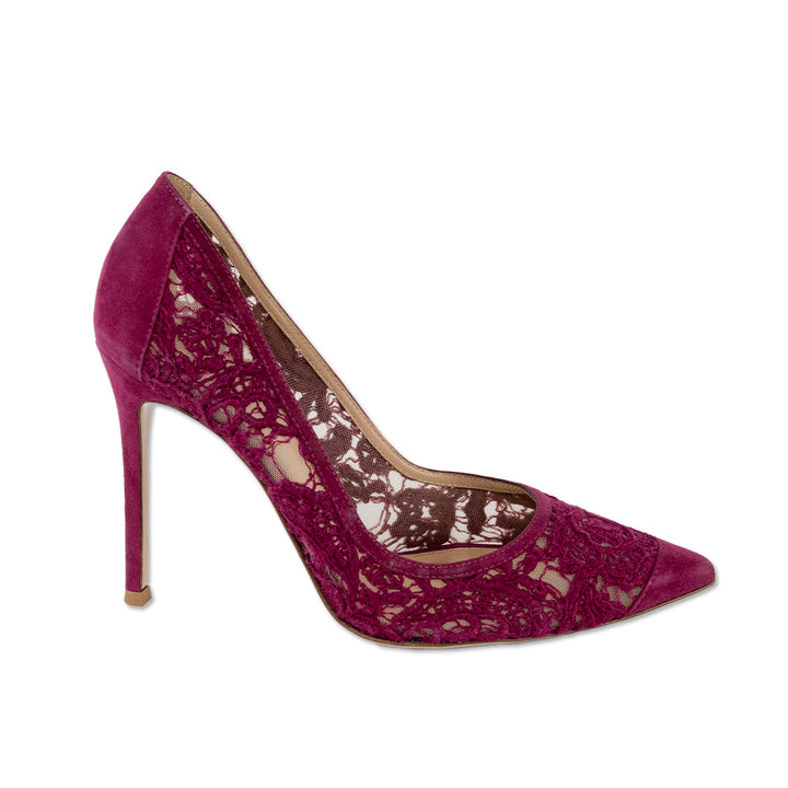 Gianvito Rossi Magenta Floral Lace Suede Trim Pumps