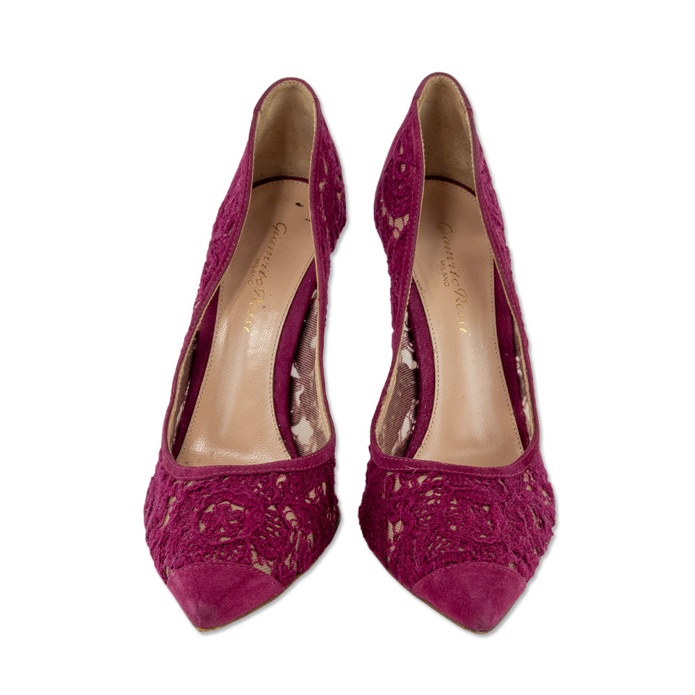 Gianvito Rossi Magenta Floral Lace Suede Trim Pumps