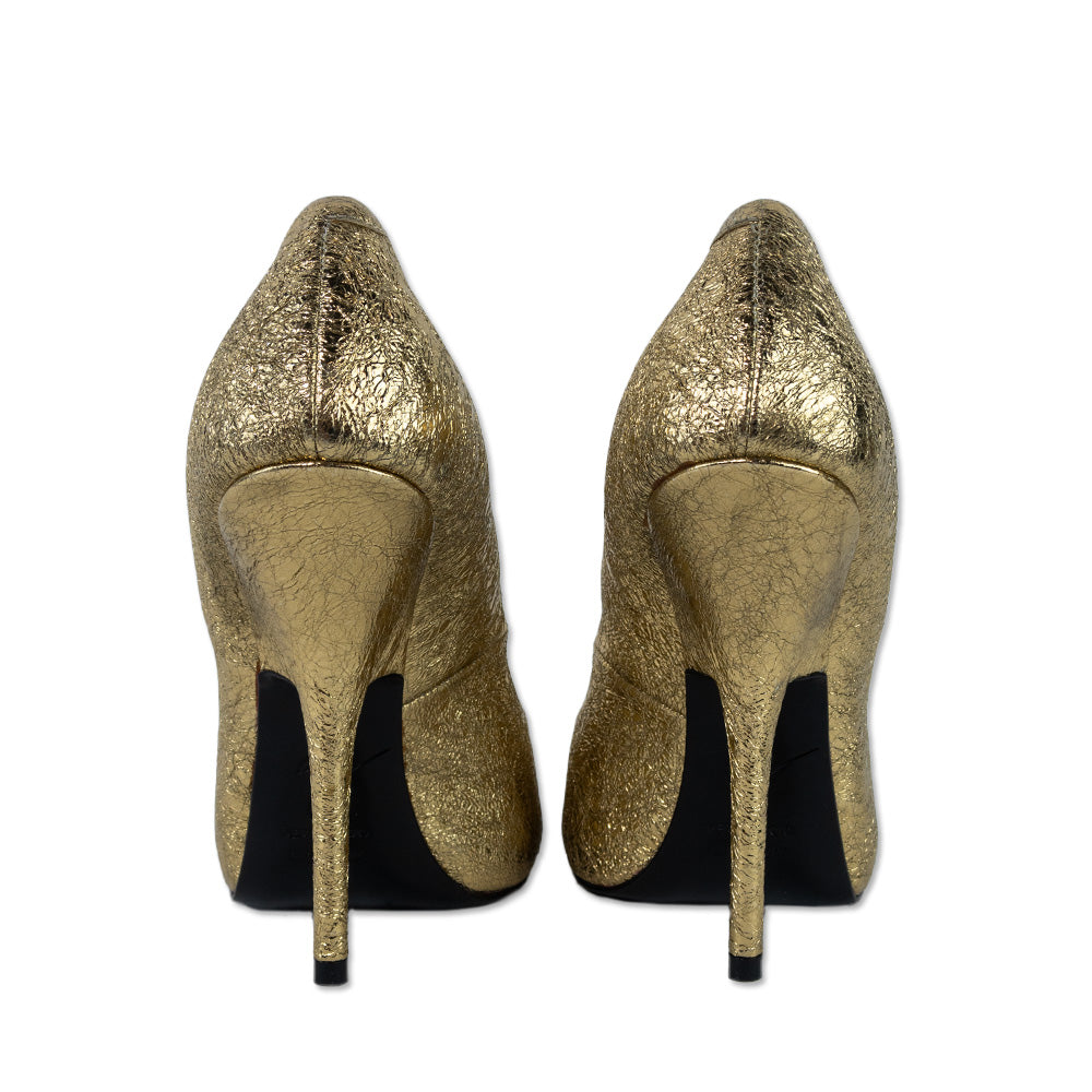 Giuseppe Zanotti Crinkle Gold Leather Peep Toe Pumps