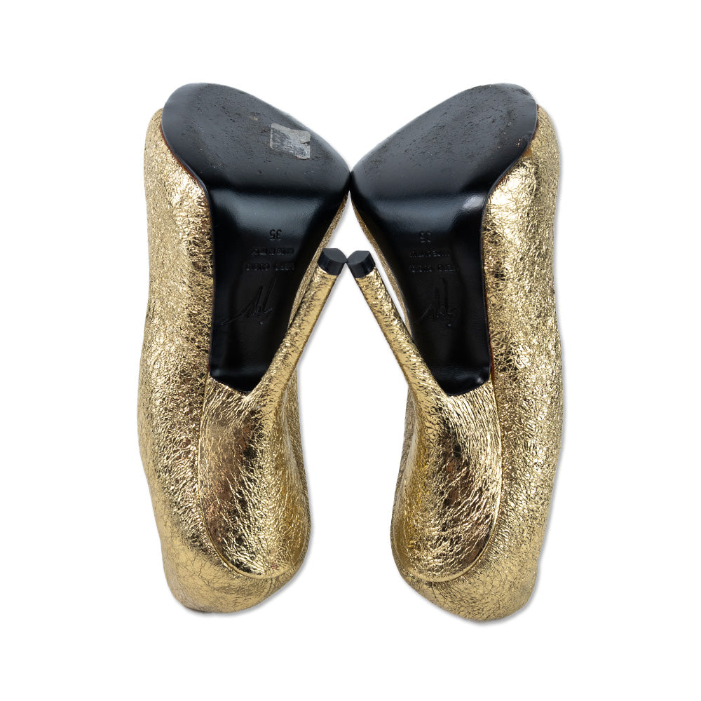 Giuseppe Zanotti Crinkle Gold Leather Peep Toe Pumps