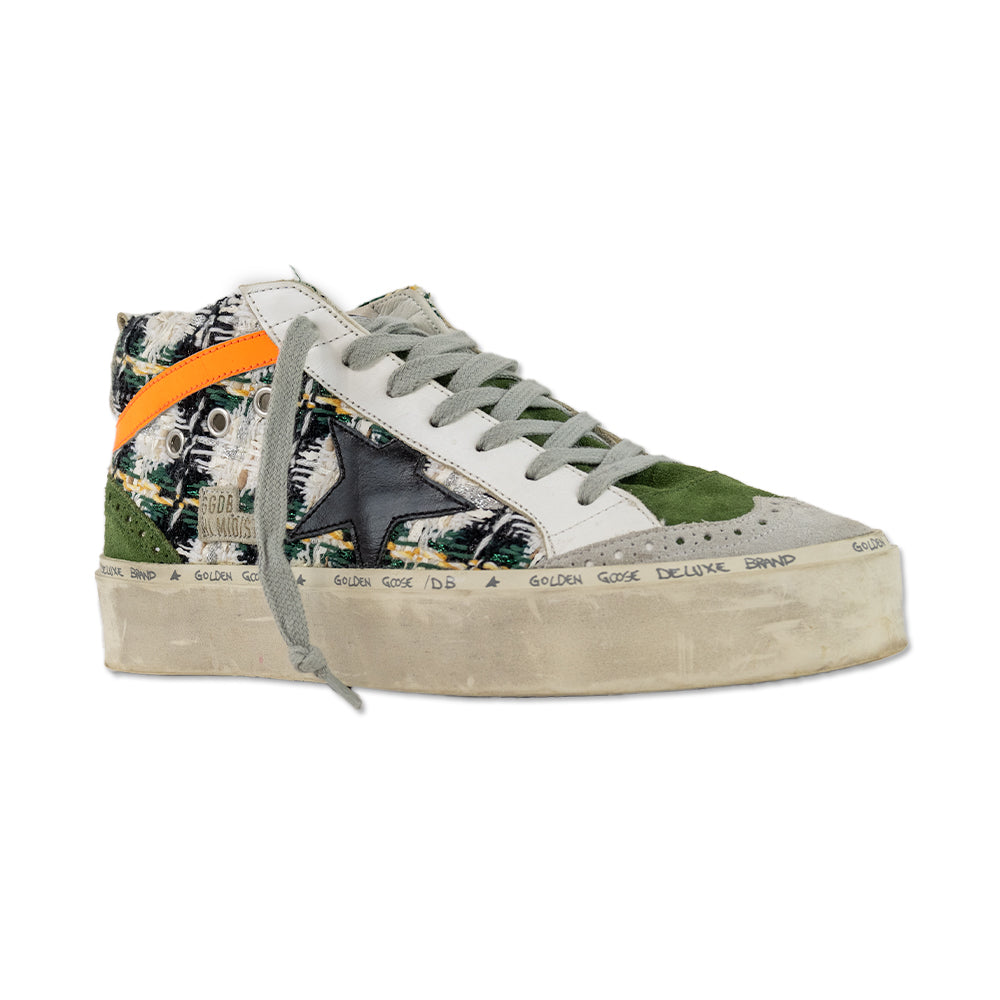 Golden Goose Hi/Mid Star Green Tweed Suede Accent Mid Top Platform Sneakers