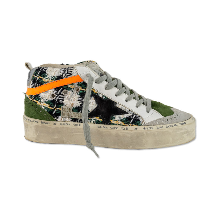 Golden Goose Hi/Mid Star Green Tweed Suede Accent Mid Top Platform Sneakers