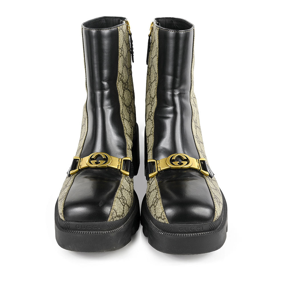 Gucci Black Interlocking G Horsebit Canvas Ankle Boots