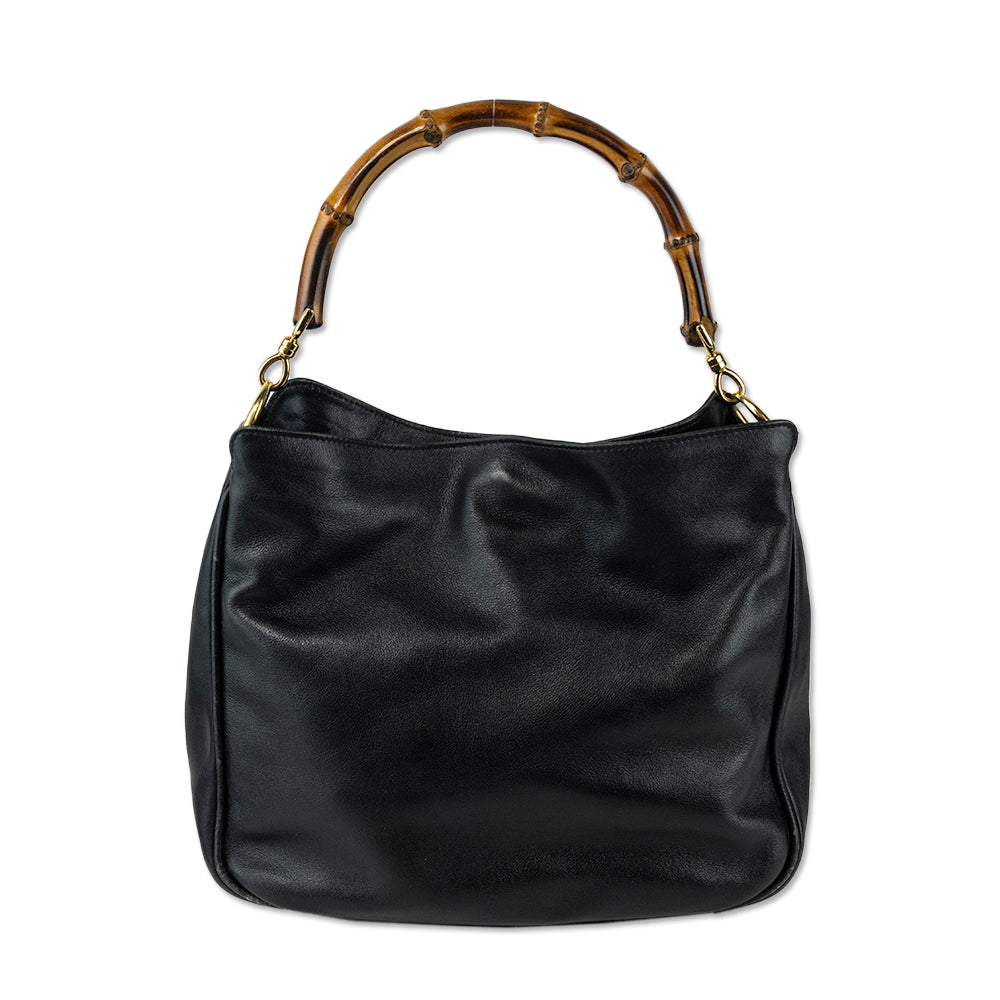 Gucci Black Leather Bamboo Top Handle Bag