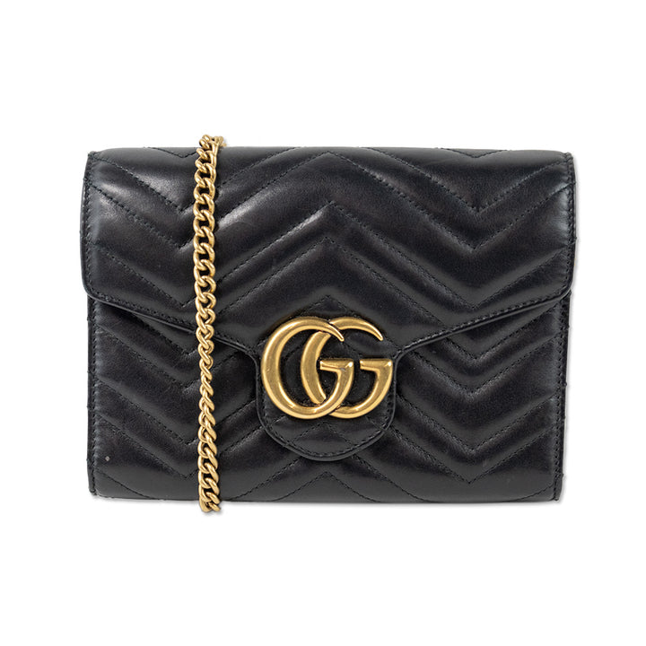 Gucci Black Leather GG Marmont Wallet on Chain