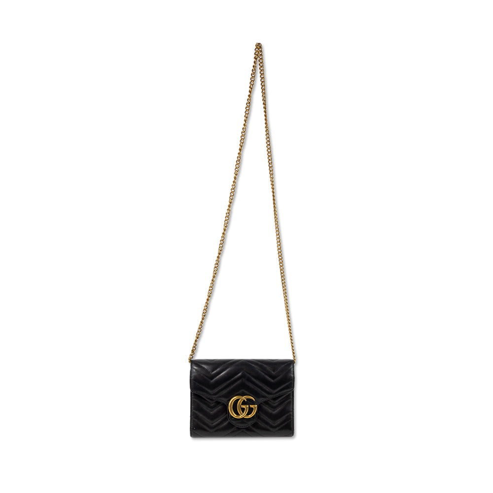 Gucci Black Leather GG Marmont Wallet on Chain