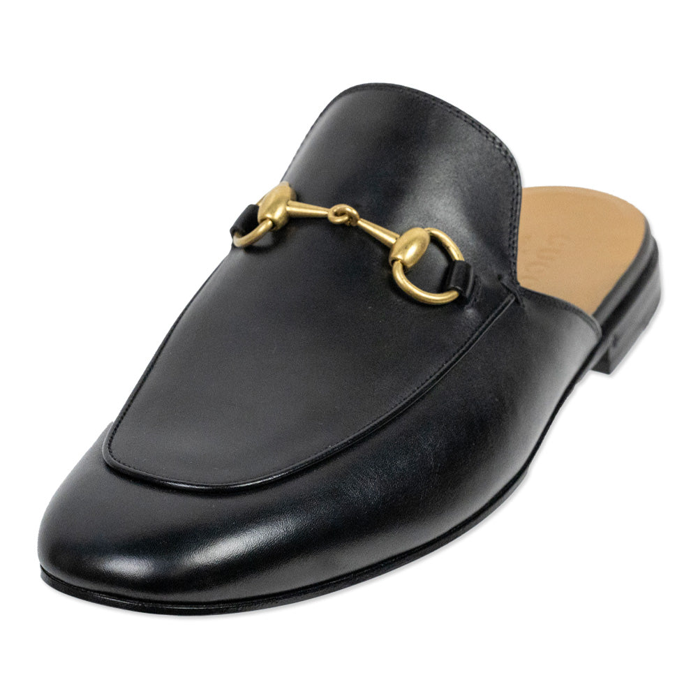 Gucci Black Leather Gold Horsebit Princetown Slipper