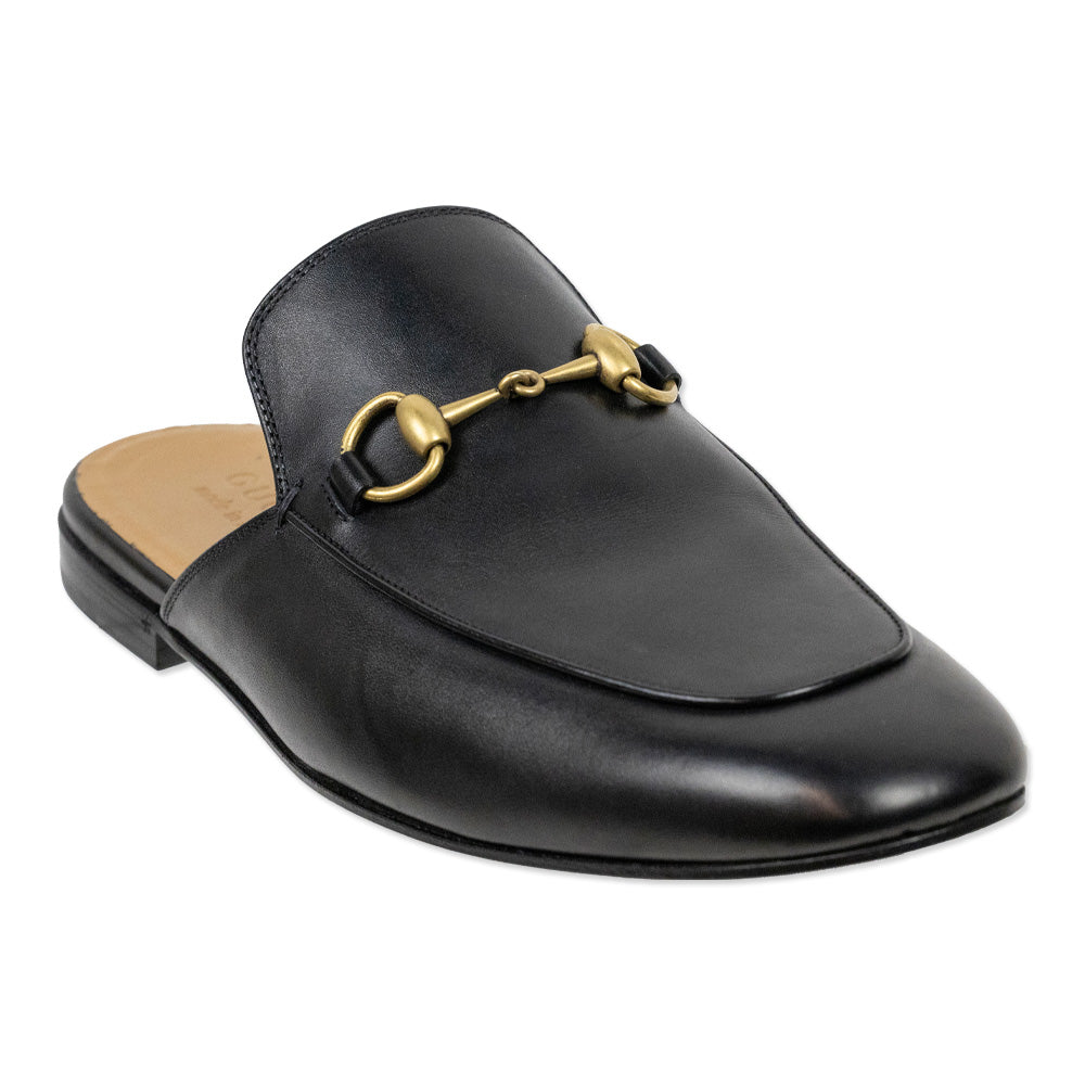 Gucci Black Leather Gold Horsebit Princetown Slipper