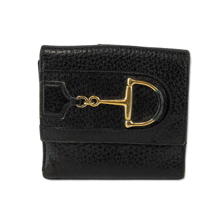 Gucci Black Grained Leather Gold Horsebit Trifold Wallet