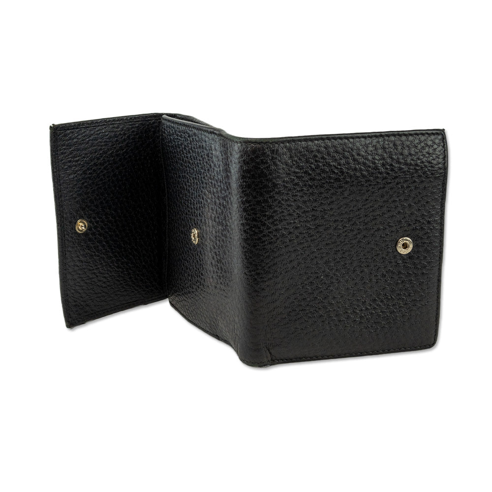 Gucci Black Grained Leather Gold Horsebit Trifold Wallet