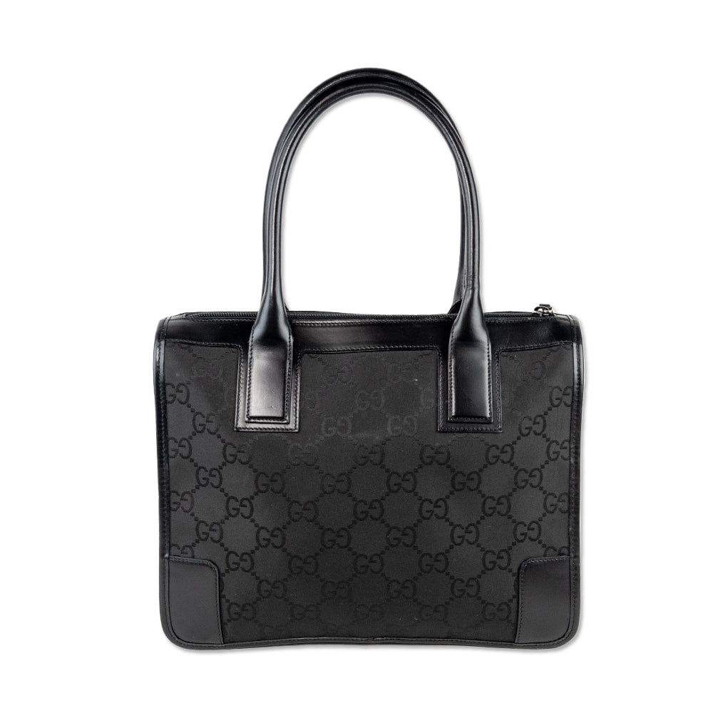 Gucci Black Monogram Top Handle Tote with Leather Accents