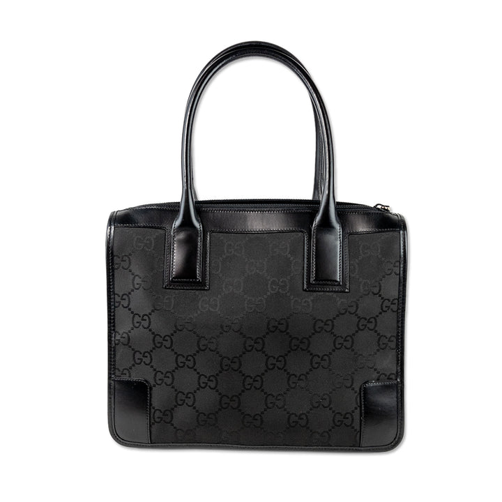 Gucci Black Monogram Top Handle Tote with Leather Accents