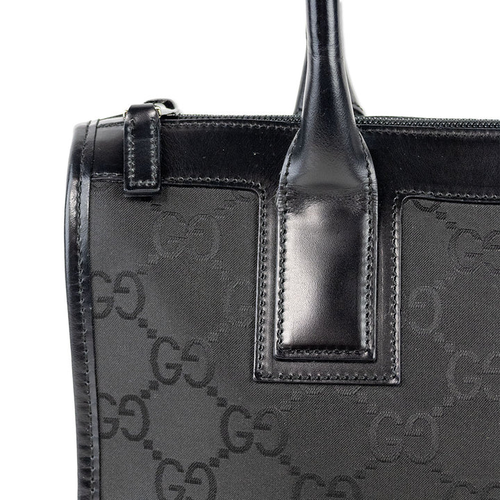 Gucci Black Monogram Top Handle Tote with Leather Accents