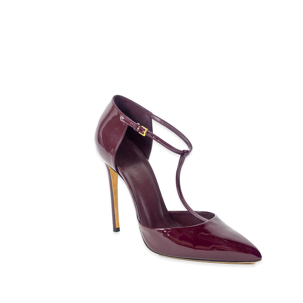 Gucci Burgundy Patent Leather T-Strap D'Orsay Pumps