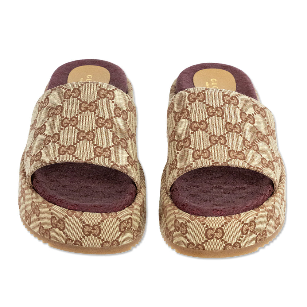 Gucci Dark Red/Beige Canvas GG Monogram Angelina Platform Slide Sandals